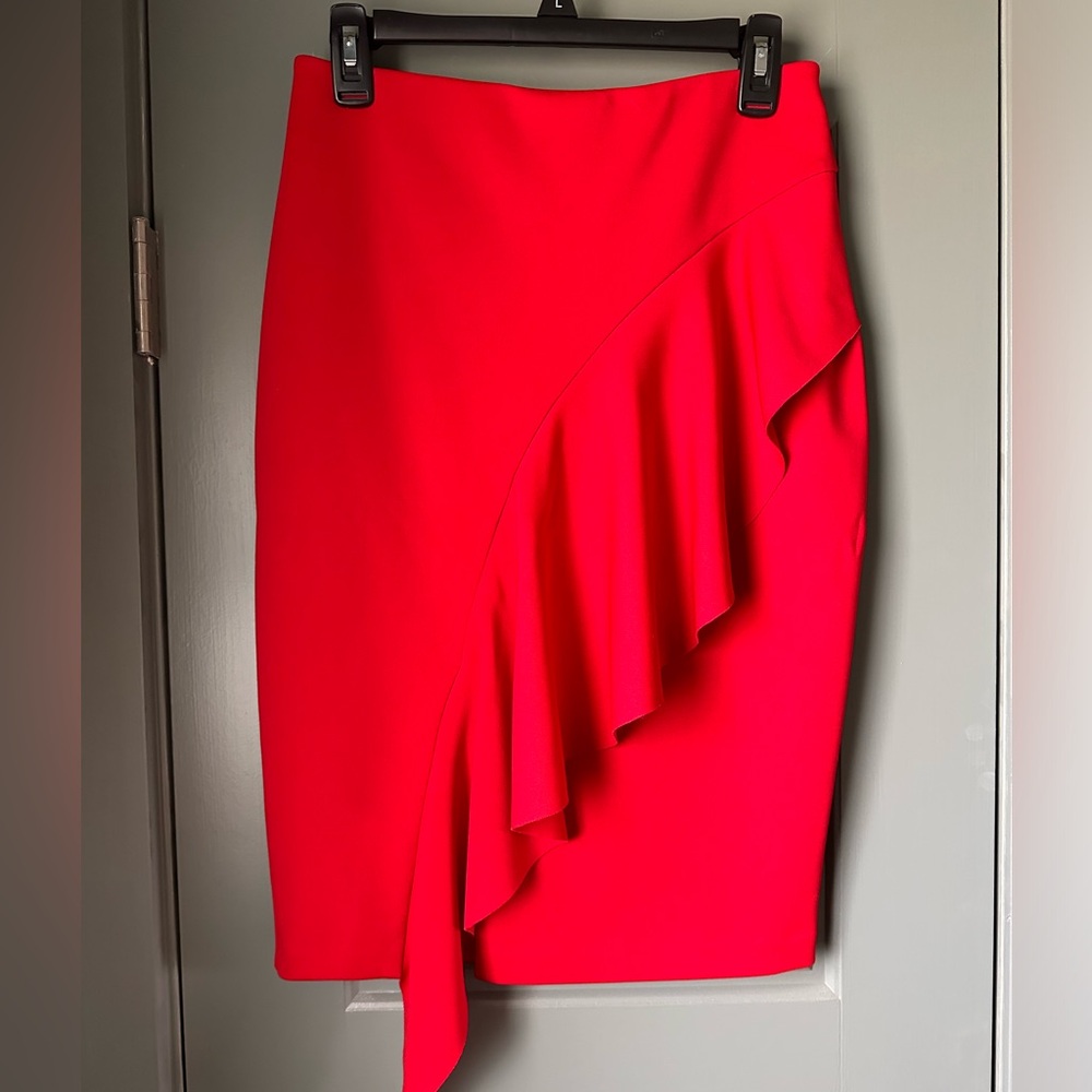 EUC Express Red Pencil Skirt with Ruffle Detail